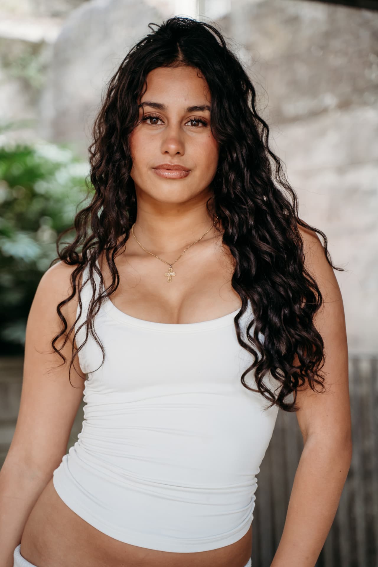 Micah editorial — White tank · gold cross